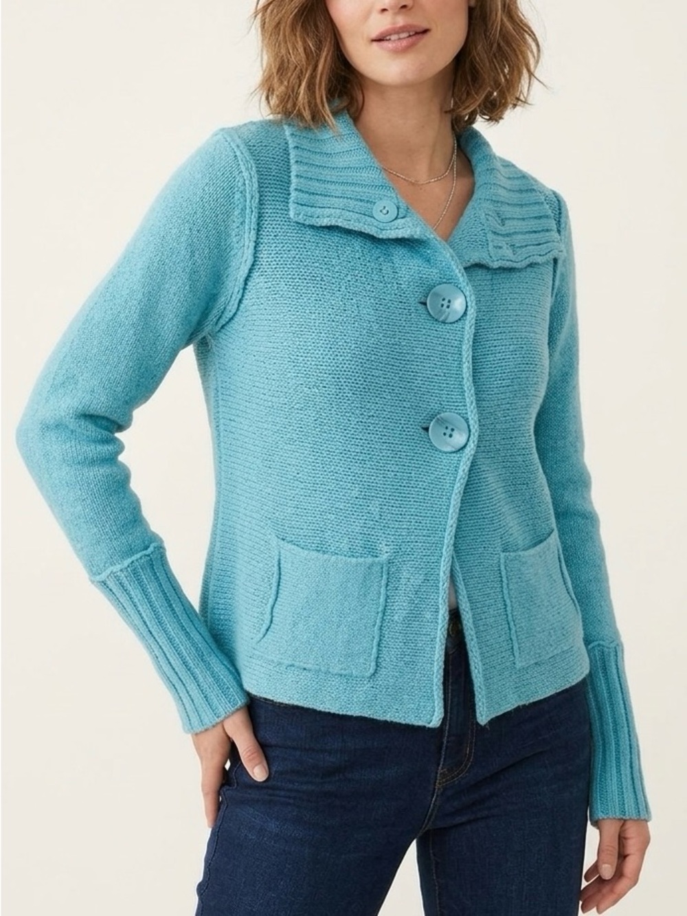 Sundance Asymmetric Collar Knit Cardigan Sweater Turquoise Blue Boho Crop Size S